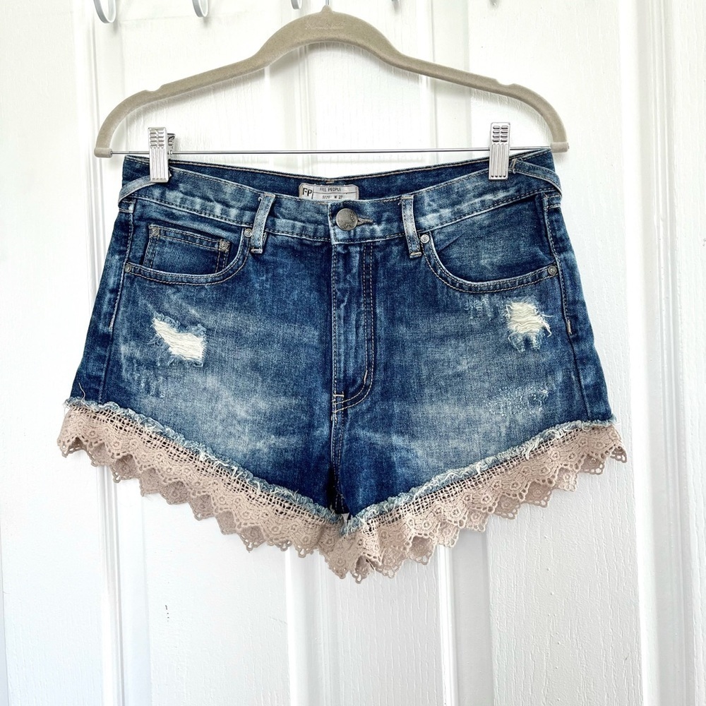 Free People distressed denim shorts Jean cheeky short daisy dukes lace trim boho - Picture 2 of 7